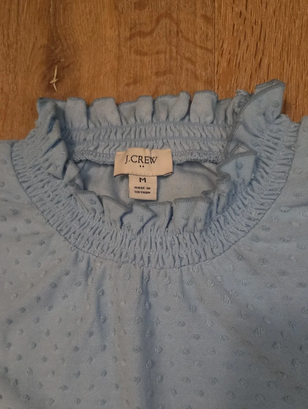 J. Crew Baby Blue Long Sleeve Clip Dot Top Ruffle Trim Classic Romantic M